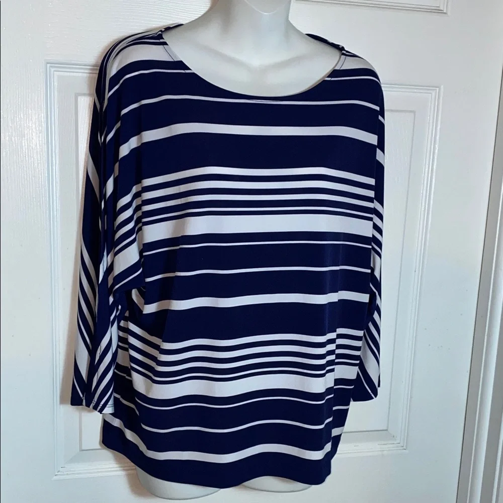 Chico's Easy Wear Navy White Nautical Striped Long Sleeve Top